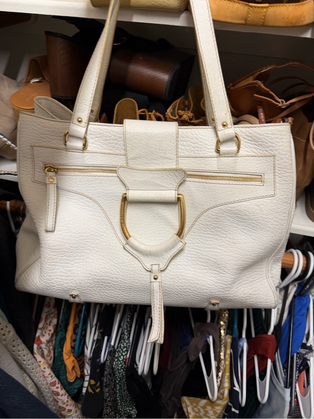 Dolce & Gabana Cream Leather Tote with Gold Accent Hardware